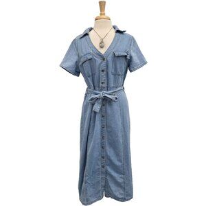 Women's Denim Button Midi Dress XL Blue Short Sleeve Pockets Collared Casual NWT